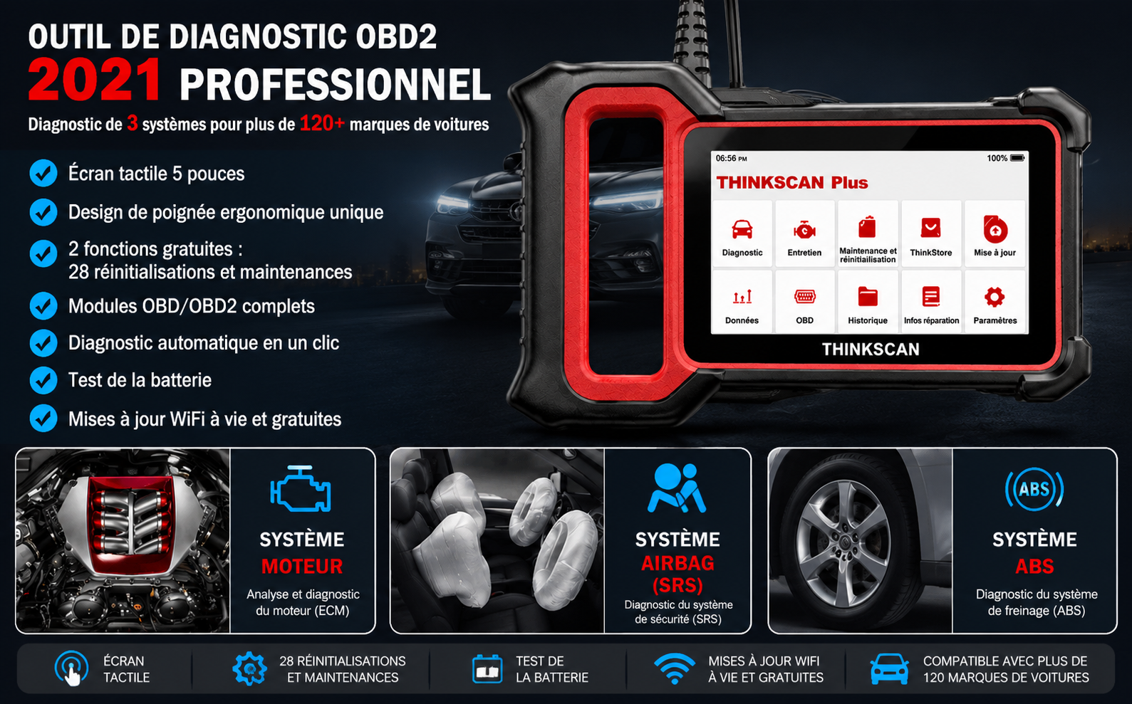 Valise Diagnostic Automobile OBD2 Professionnelle – Scanner ABS, Airbag (SRS) et Moteur (ECM)