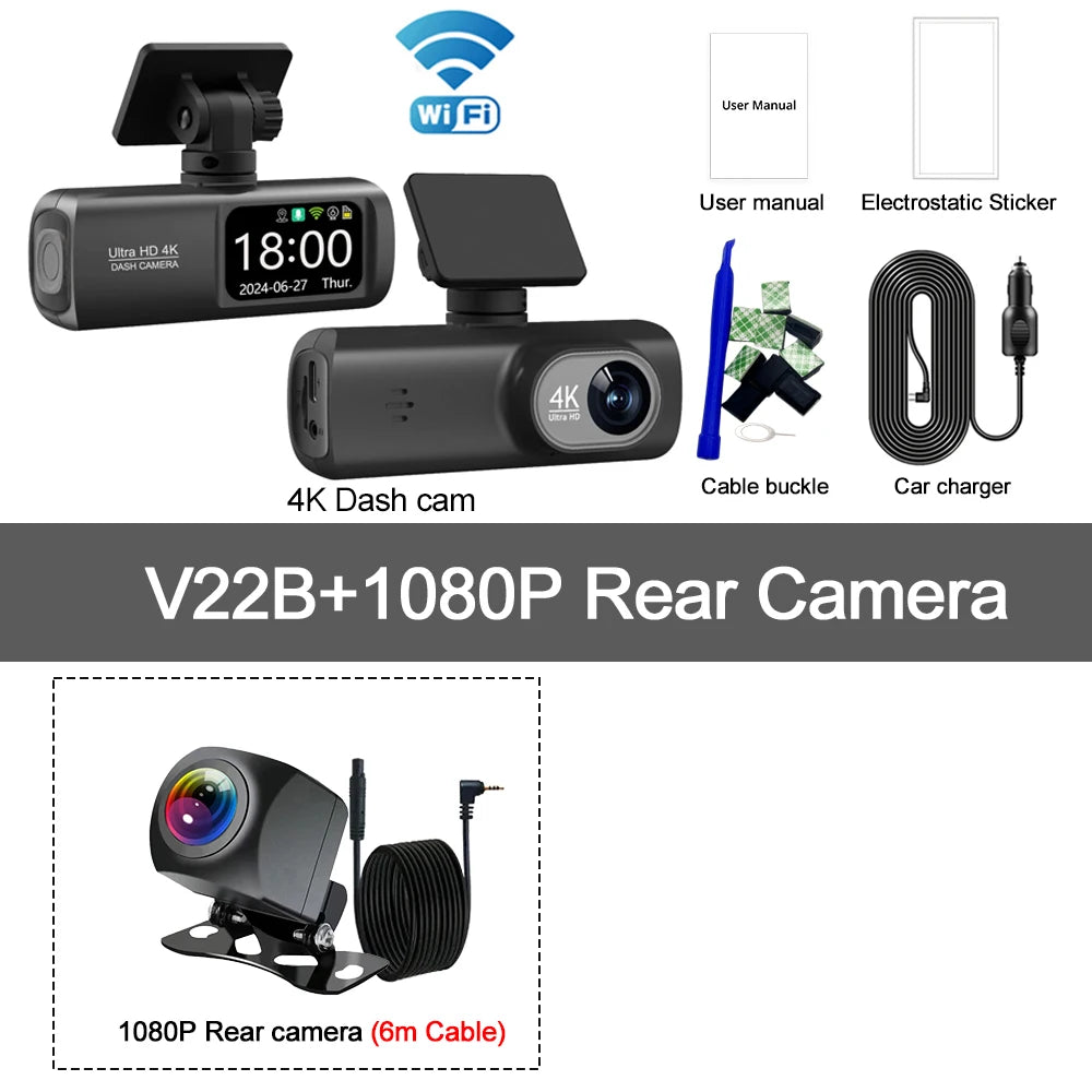 Dashcam WiFi UHD 4K – Double Objectif, DVR Voiture, Caméra Arrière 1080P, GPS, Surveillance 24H