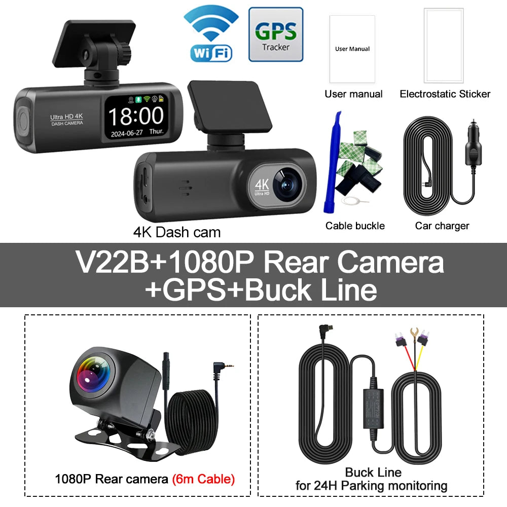 Dashcam WiFi UHD 4K – Double Objectif, DVR Voiture, Caméra Arrière 1080P, GPS, Surveillance 24H