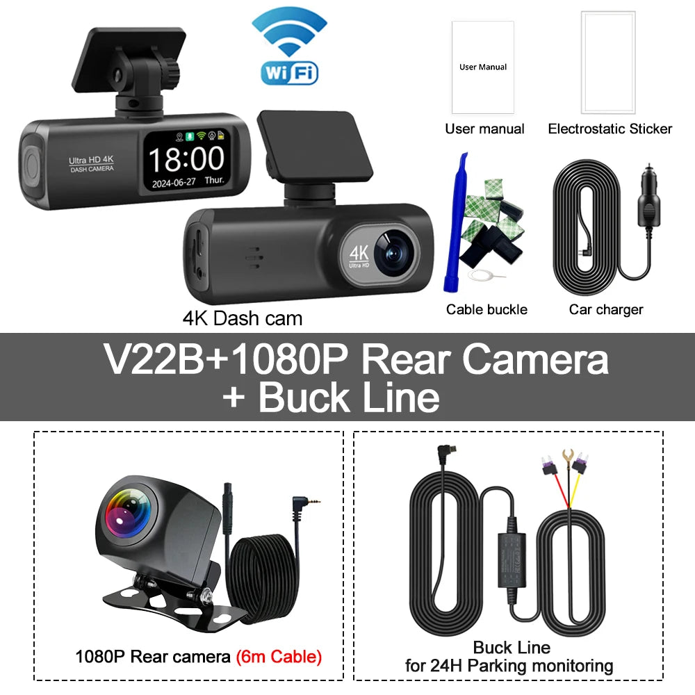 Dashcam WiFi UHD 4K – Double Objectif, DVR Voiture, Caméra Arrière 1080P, GPS, Surveillance 24H
