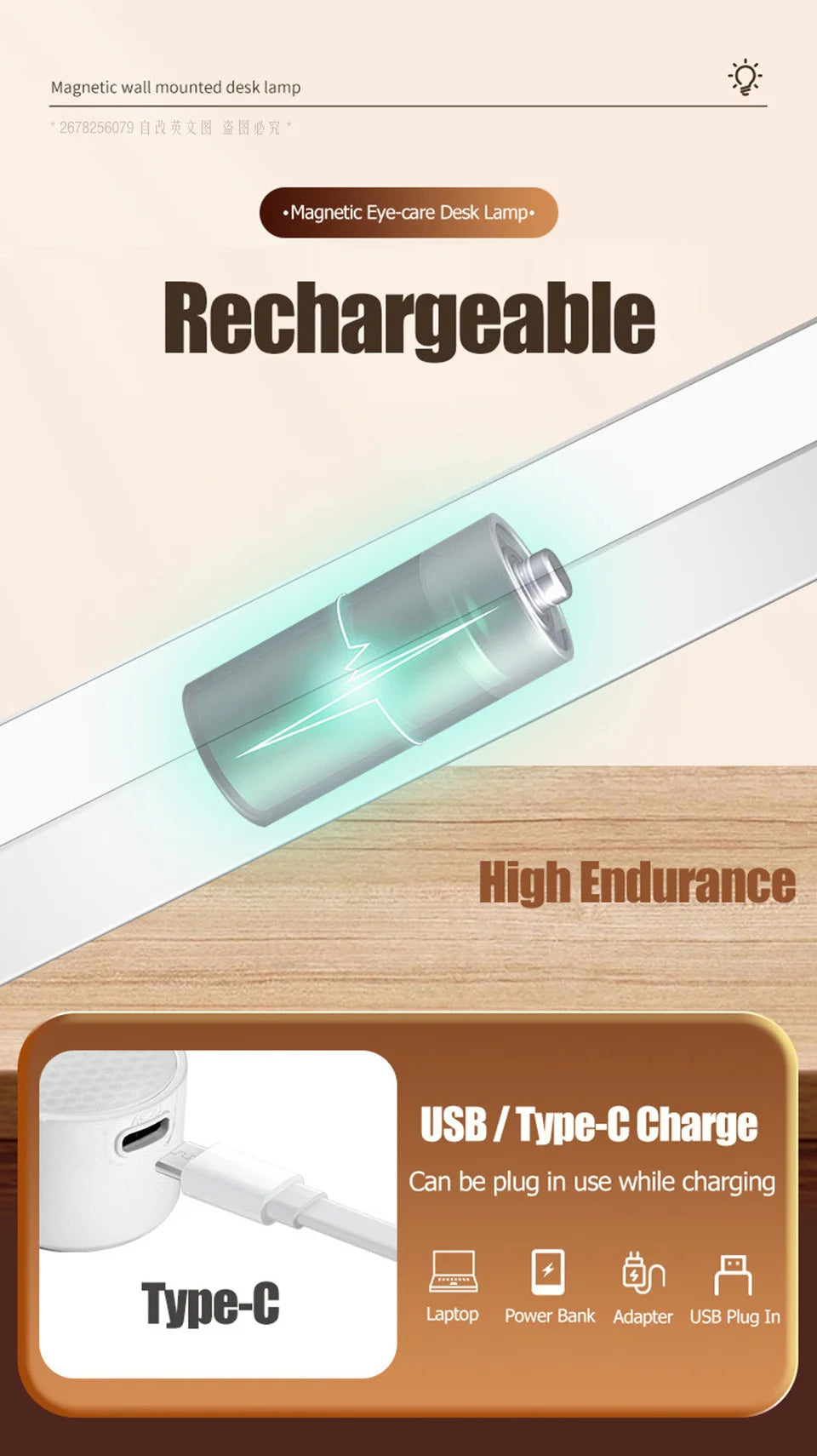 Eye-care Table Lamp LED Light Bar 48/28cm Rechargeable Wirless Desk Reading Lamp USB Night Light For Bedside Kitchen Cabinet