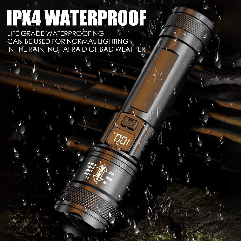 High-power Led Flashlight USB Rechargeable Torch with Display Zoomable Light with Battery Camping Hiking Lantern Emergency Lamp