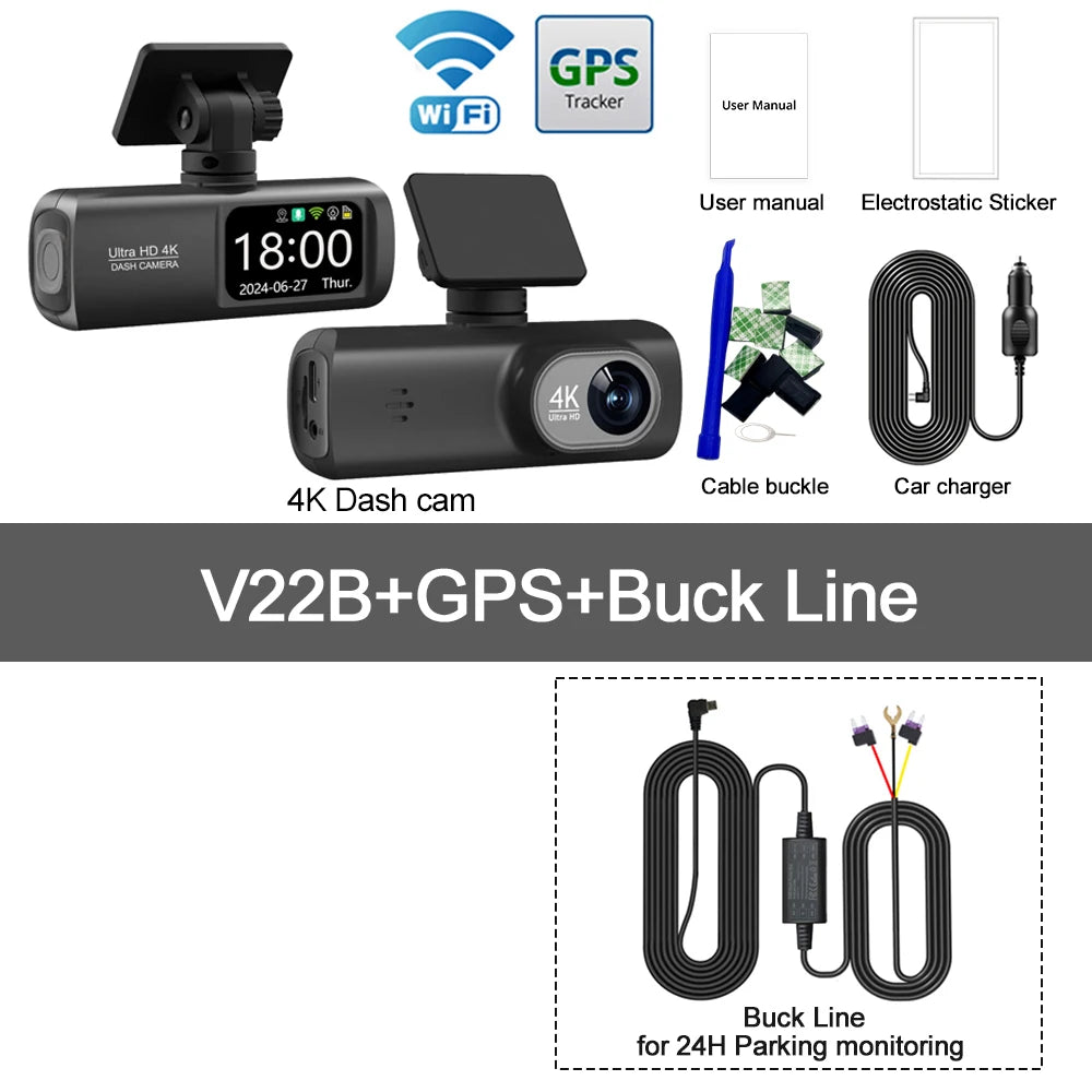 Dashcam WiFi UHD 4K – Double Objectif, DVR Voiture, Caméra Arrière 1080P, GPS, Surveillance 24H