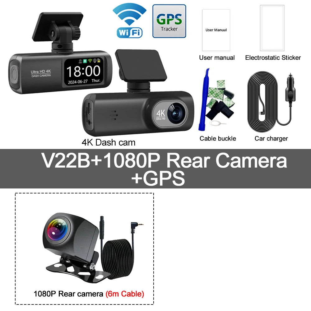 Dashcam WiFi UHD 4K – Double Objectif, DVR Voiture, Caméra Arrière 1080P, GPS, Surveillance 24H