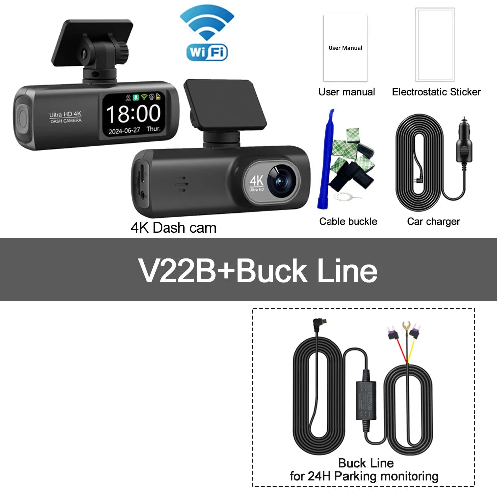 Dashcam WiFi UHD 4K – Double Objectif, DVR Voiture, Caméra Arrière 1080P, GPS, Surveillance 24H